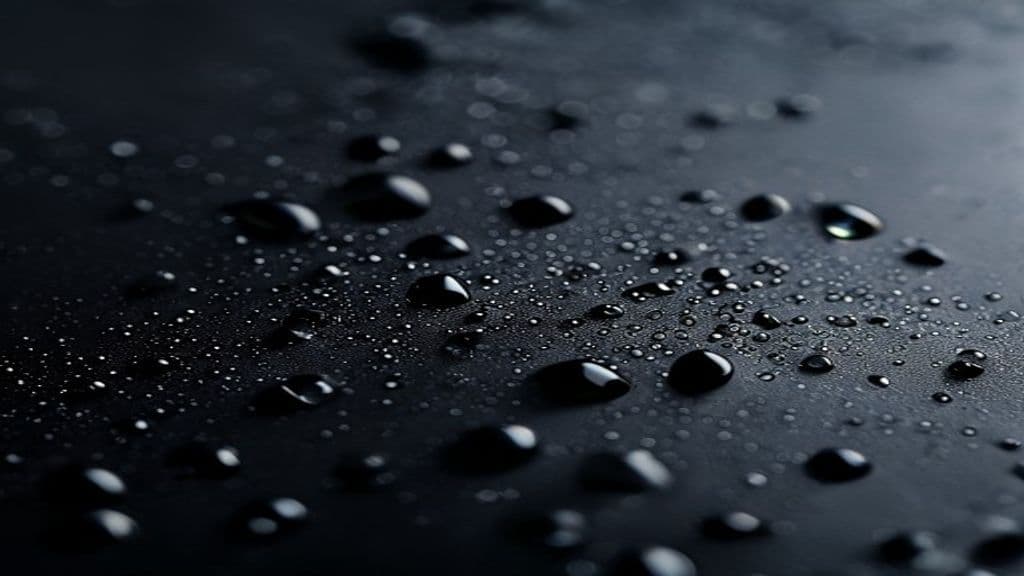 Cold water droplets beading across a dark surface