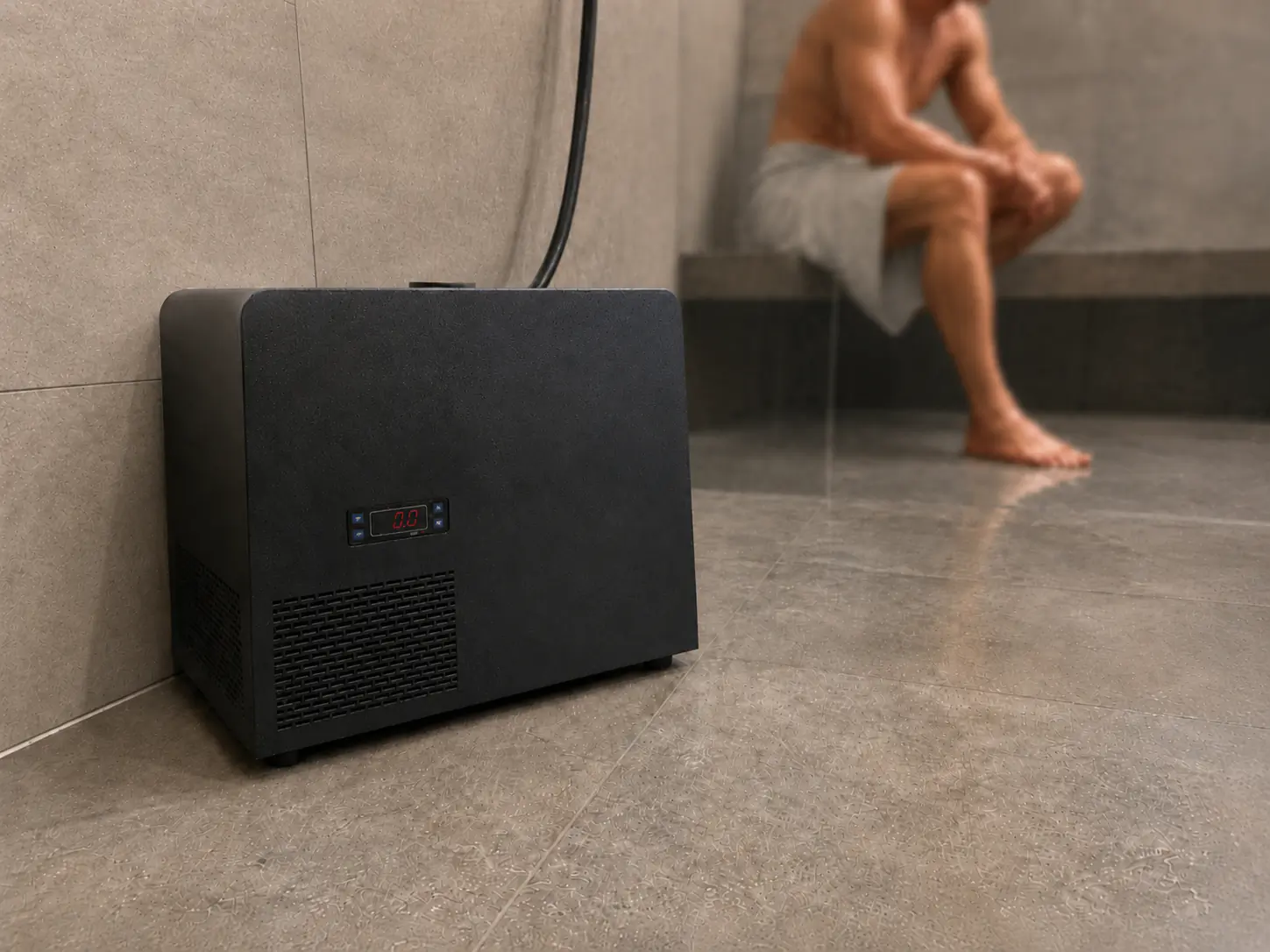 Olsek Cooling Core ready beside a man preparing for his first ice shower