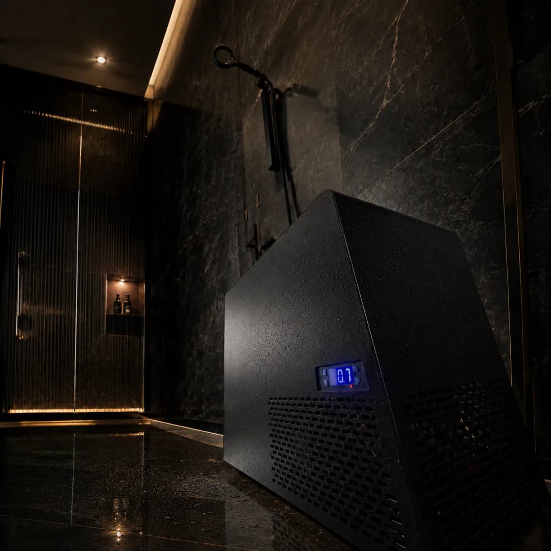 Olsek Ice Shower Cooling Core connected to the Halo in a home shower