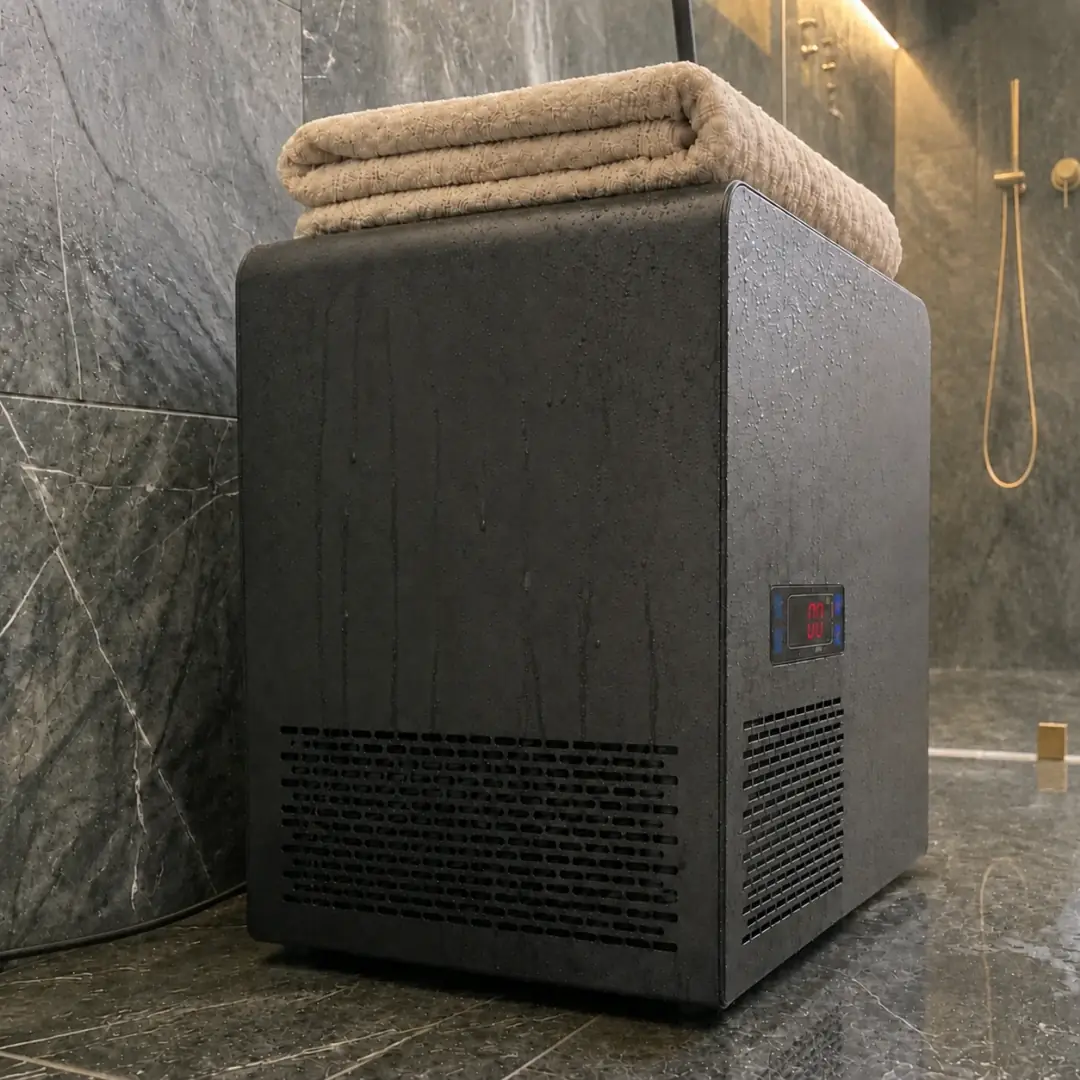 Water-covered Olsek cooling unit showing 1 degree in a home bathroom